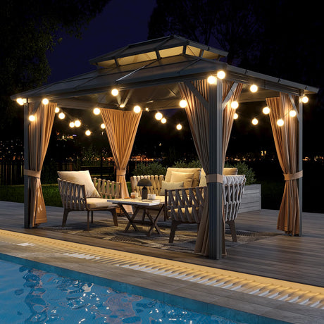 Petyee 10'x13' Gazebo, Hardtop Outdoor Polycarbonate Double Roof Canopy, Aluminum Frame Permanent Pavilion with Curtains and Netting, Sunshade for Garden, Patio, Lawns (10x13ft) Petyee