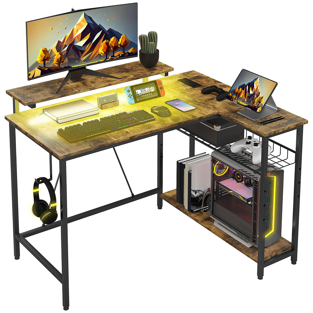 HOMCOM 42" L Shaped Desk with LED Lights, Power Outlet, USB Charging Ports, Reversible L Shaped Computer Desk with Storage Shelves, Monitor Stand, Corner Gaming Desk for Home Office, Rustic Brown HOMCOM