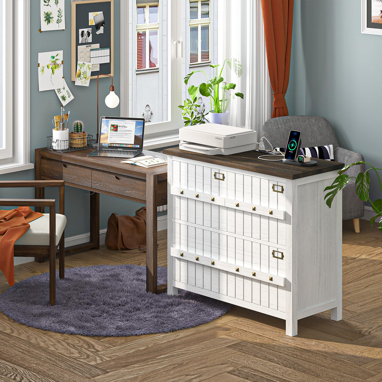 TVU Farmhouse 3 Drawer File Cabinet with Charging Station, Solid Lateral Filing Cabinet for Home Office, Office Organizer for Legal/Letter/A4/Folders File - Beside Desk Printer Stand TVU