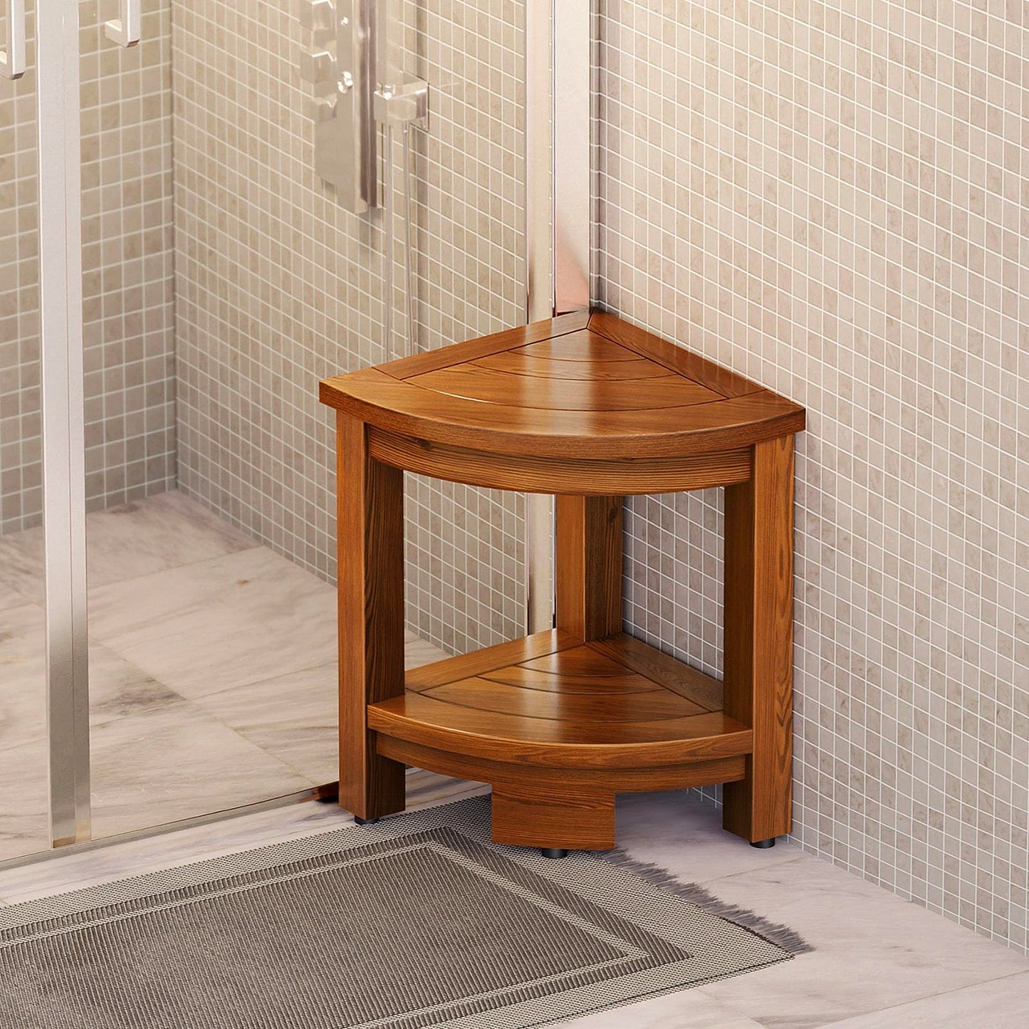 TEAKMAMA Shower Stool for Shaving Legs, Teak Corner Shower Bench with Storage Shelf, Waterproof Shower Seat for Inside Shower, 16.5" Bathroom Bench, Easy to Assemble