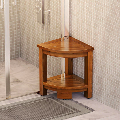 TEAKMAMA Shower Stool for Shaving Legs, Teak Corner Shower Bench with Storage Shelf, Waterproof Shower Seat for Inside Shower, 16.5" Bathroom Bench, Easy to Assemble