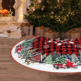 EKOREST Christmas Tree Skirt 48 Inches, Red Buffalo Plaid with Truck Pencil Tree Skirt, Winter Xmas Tree Mat Decorations for Home Party Holiday Decorations EKOREST