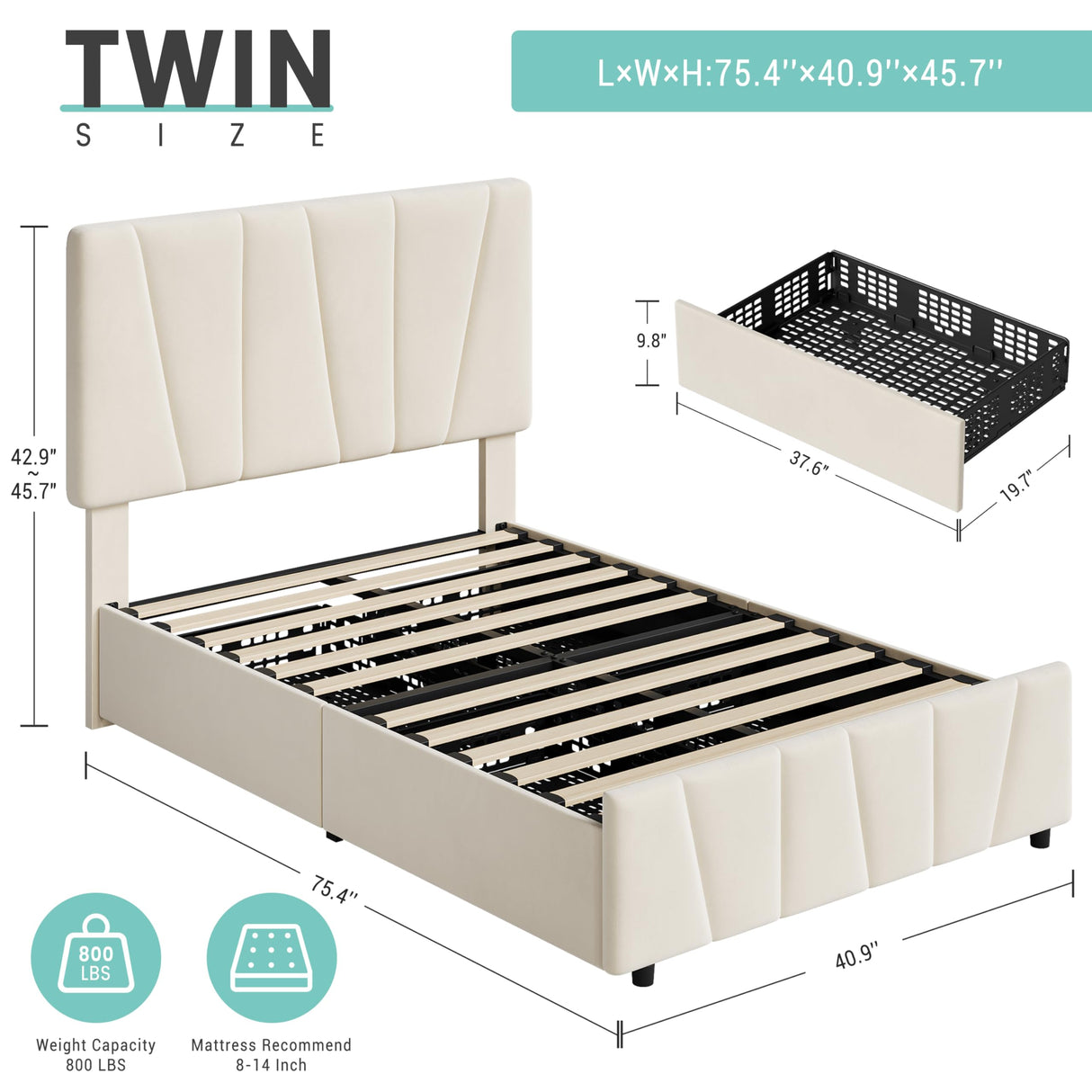 GarveeHome Twin Size Bed Frame with Adjustable Headboard and 2 Storage Drawers, Velvet Upholstered Tufted Twin Platform Bed Frames with Wooden Slats Support, Bedframe No Box Spring Needed, Beige/Cream GarveeHome