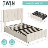 GarveeHome Twin Size Bed Frame with Adjustable Headboard and 2 Storage Drawers, Velvet Upholstered Tufted Twin Platform Bed Frames with Wooden Slats Support, Bedframe No Box Spring Needed, Beige/Cream GarveeHome