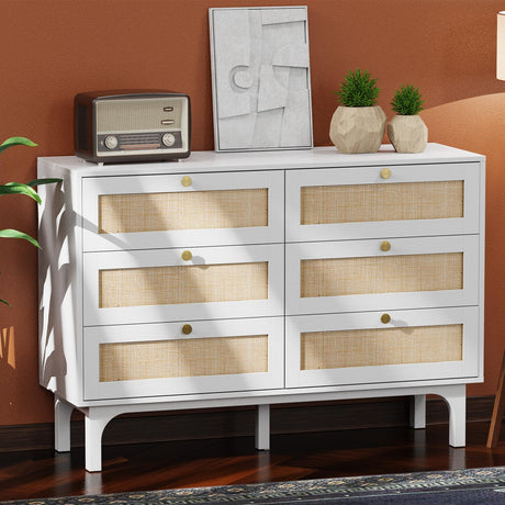 VINGLI 6 Drawer Dresser, White Dresser for Bedroom, Rattan Dresser, Boho Dresser, Wood Dresser Long Dresser TV Stand, Chest of Drawers, Baby/Kids/Nursery Dresser for Kids Bedroom, Living Room (White) VINGLI