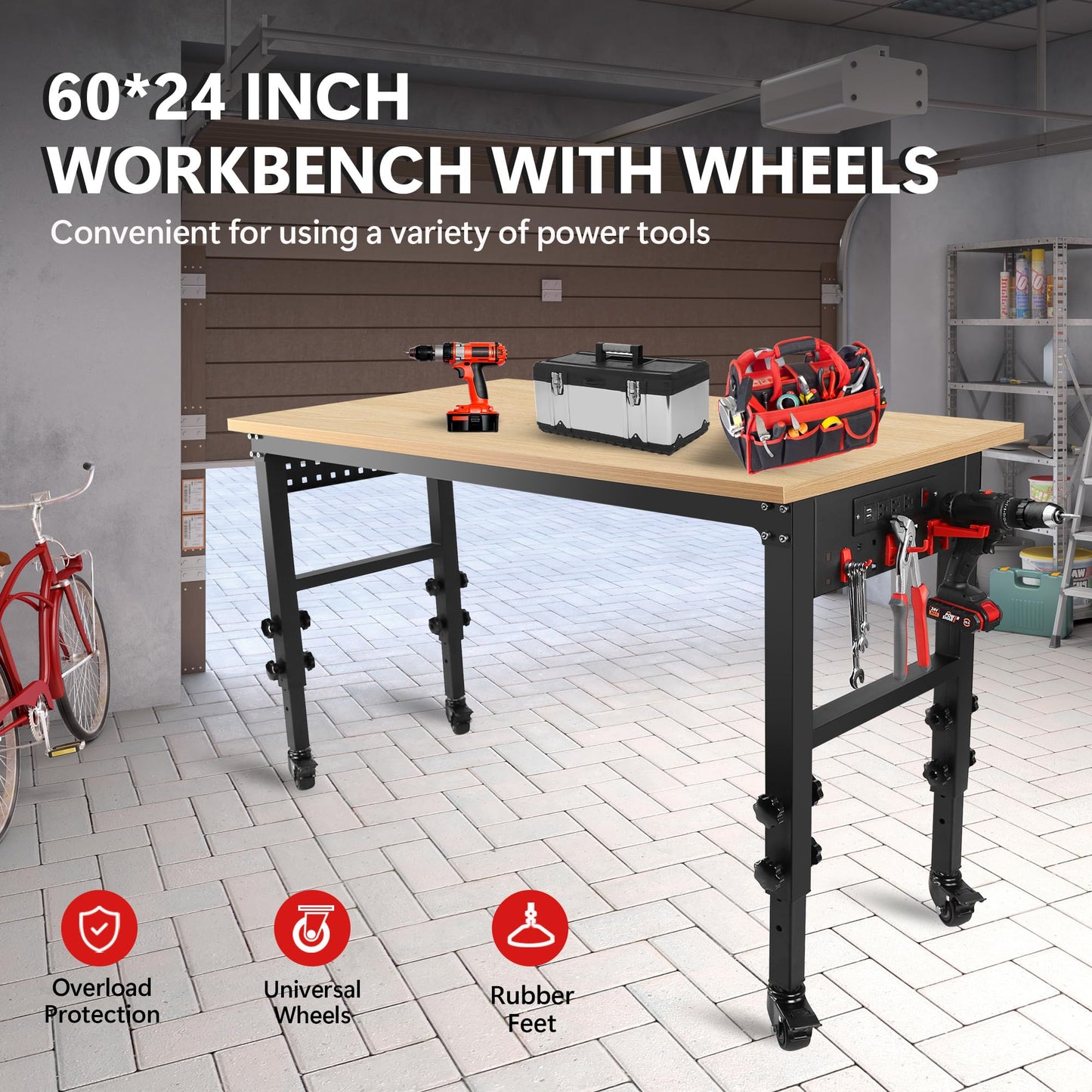 Adjustable Workbench, 72"×24" Garage Worktable with Power Outlet & Universal Wheels, Lift Height 30"-39", Heavy Duty 2000 LBS Load Capacity Hardwood Workbench Suitable for Workshop, Office, G - WoodArtSupply