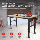 Adjustable Workbench, 72"×24" Garage Worktable with Power Outlet & Universal Wheels, Lift Height 30"-39", Heavy Duty 2000 LBS Load Capacity Hardwood Workbench Suitable for Workshop, Office, Garage CuisinSmart