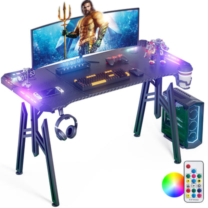 WEMUZVIU Gaming Desk with LED Lights - Ergonomic RGB Gaming Computer Table, 55 inch Carbon Fiber Surface Computer Desk PC Workstation with Cup Holder & Headphone Hook - WoodArtSupply