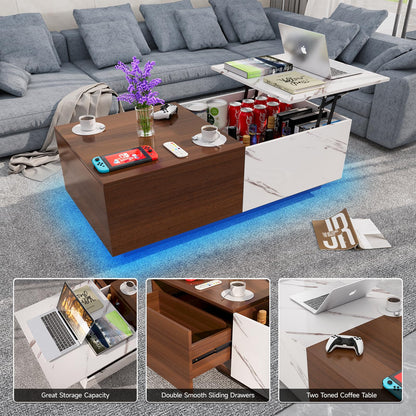 Buenhomino LED Coffee Table with Storage, Lift Top Coffee Table with Drawers and Hidden Compartment, Rising Wooden Dining Center Tables for Living Room Office - Walnut & Marble