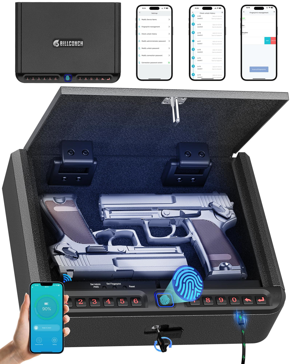 BILLCONCH Gun Safe for Handgun - Biometric Gun Safe 4 Ways Quick Access with Fingerprint/Full-digital Keypad/Key/APP Lock Handgun Pistol Safe for Nightstand Bedside Home Car BILLCONCH