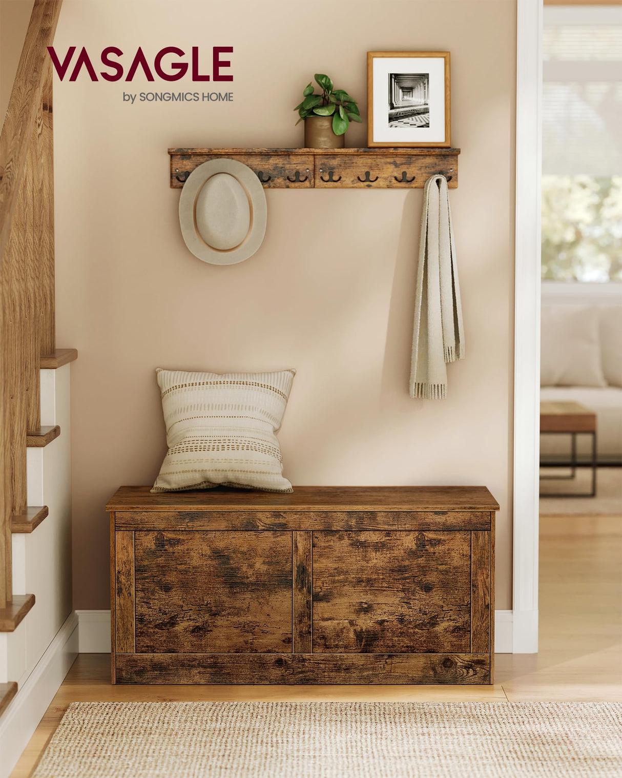 VASAGLE Storage Chest, Storage Trunk with 2 Safety Hinges, Storage Bench, Shoe Bench, Farmhouse Style, 15.7 x 39.4 x 18.3 Inches, for Entryway, Bedroom, Living Room, Rustic Brown ULSB164K01 VASAGLE