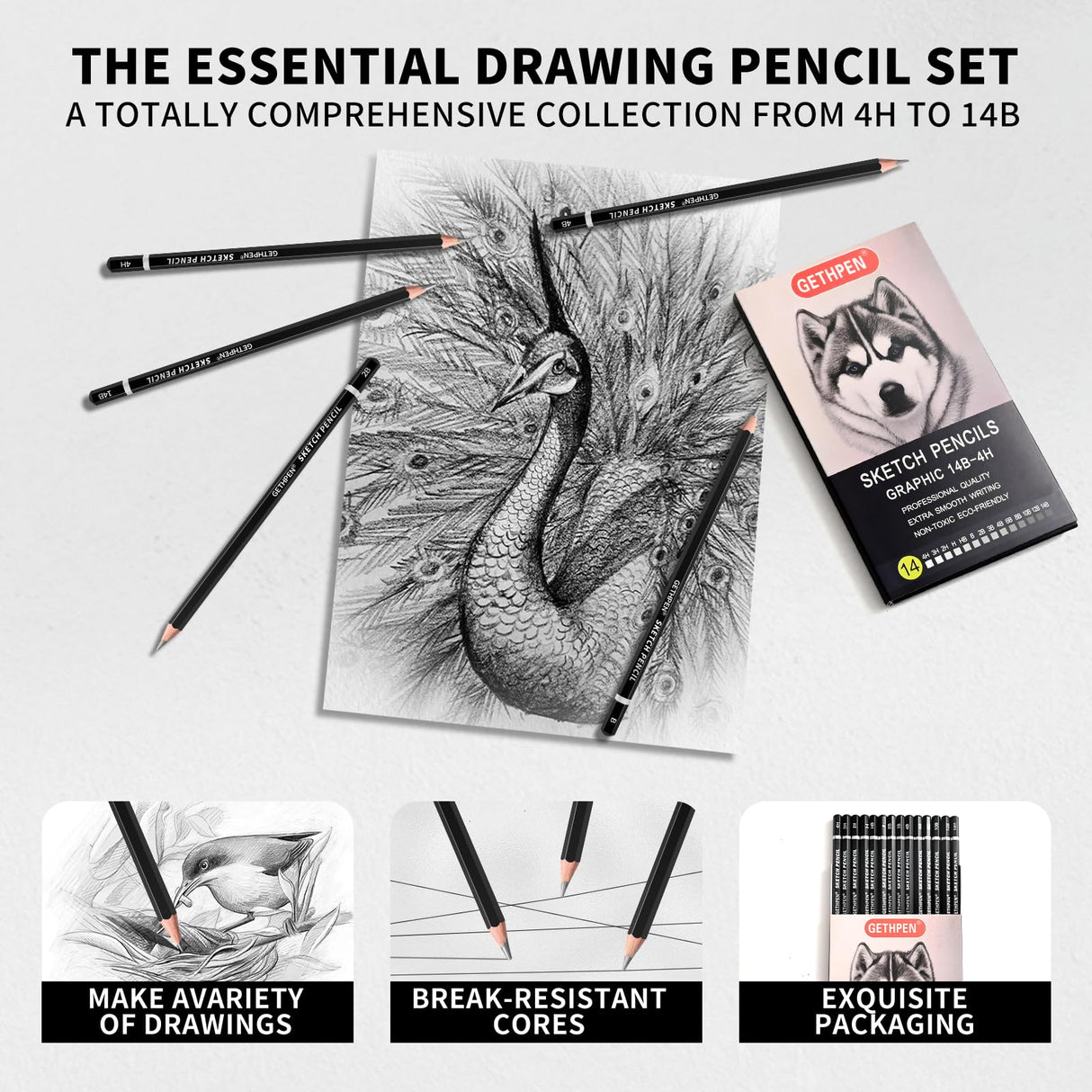 GETHPEN Professional Drawing Sketching Pencil Set - 14 Pieces Graphite Pencils(14B - 4H), Ideal for Drawing Art, Sketching, Shading, Artist Pencils for Beginners & Pro Artists GETHPEN
