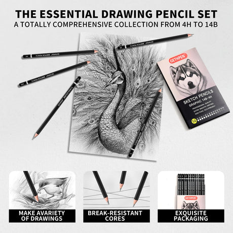 GETHPEN Professional Drawing Sketching Pencil Set - 14 Pieces Graphite Pencils(14B - 4H), Ideal for Drawing Art, Sketching, Shading, Artist Pencils for Beginners & Pro Artists GETHPEN