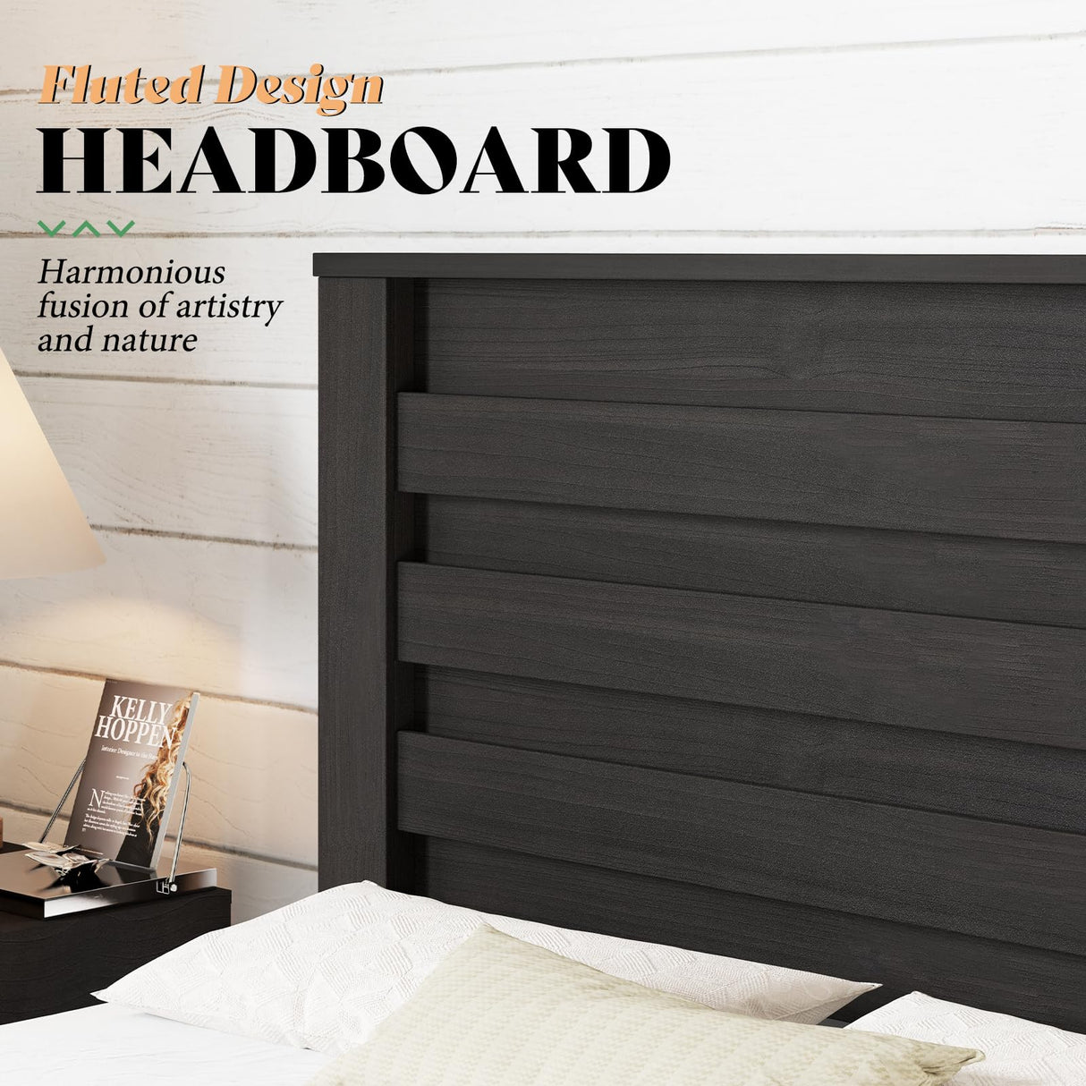 AMERLIFE Farmhouse Queen Size Bed Frame with 49" Tall Headboard, Platform Bed with Natural Wood Grain, No Box Spring Needed/Noise Free, Black AMERLIFE