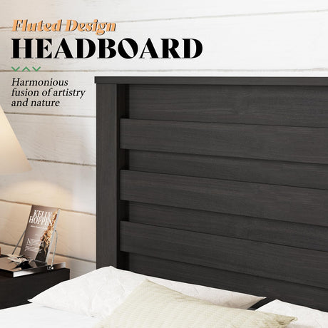 AMERLIFE Farmhouse Queen Size Bed Frame with 49" Tall Headboard, Platform Bed with Natural Wood Grain, No Box Spring Needed/Noise Free, Black AMERLIFE