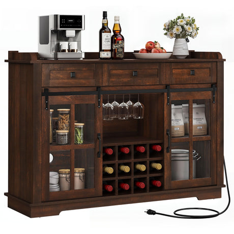 DWVO Farmhouse Coffee Bar Cabinet with Sliding Door and Drawers, 53" Kitchen Sideboard Buffet Cabinet, Home Bar Cabinet with Wine Rack for Kitchen Living Room, 3 Drawers Storage Cabinet, Brown Oak DWVO