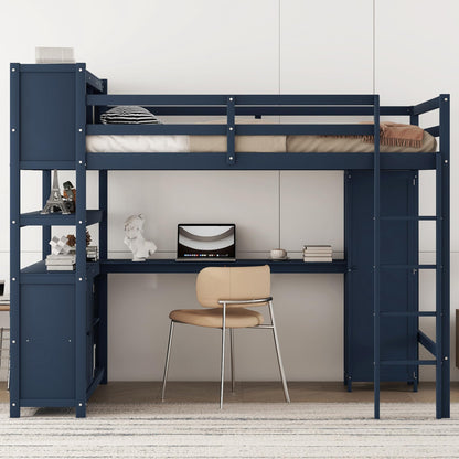 SOFTSEA Full Size Loft Bed with L Shaped Desk, Wood Loft Bed with Wardrobe, Storage Cabinet and Shelves, High Loft Bed Frame with Storage Headboard for Kids Teens Adults, Dark Blue