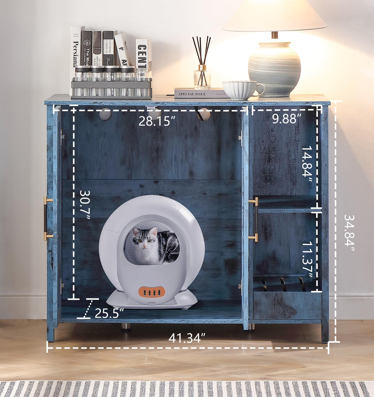 Forest Gravity Cat Litter Robot Enclosure, Enclosure for self-Cleaning Litter Boxes,Adjustable Shelf for Dog Proof and Storage,Charging Station,Locks Added for cat,Large Indoor Cat House,Blue FOREST GRAVITY