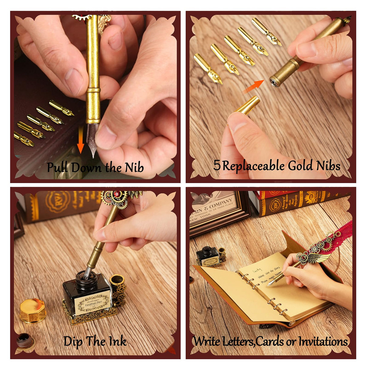 Feather Quill Pen and Ink Set,Antique Calligraphy Set with Leather Journal Notebook,Feather Pen,5 Gold Nibs,Pen Holder,Ink,Calligraphy Kits for Beginners Christmas Gift GrnVibe