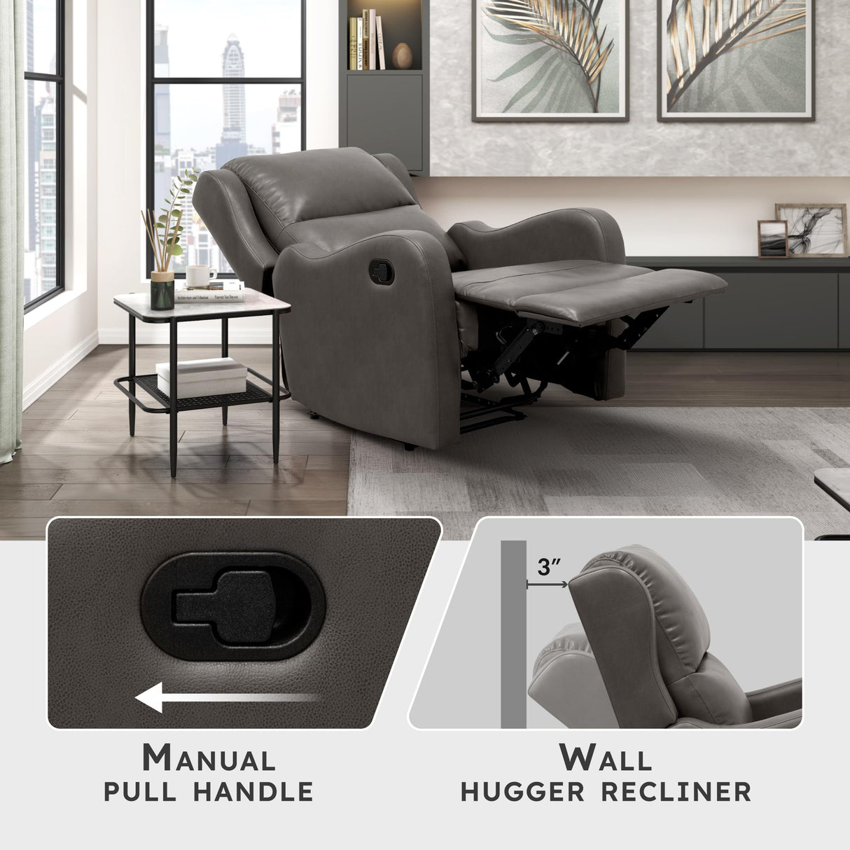 Lexicon Manual Recliner Chair, Reclining Sofa Chair, Home Theater Seating, Wall Hugger, Manual Recliner for Living Room/Office/Apartment, Easy Assembly, Gray Faux Leather Lexicon