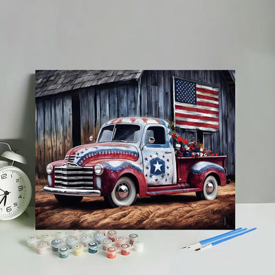 Paint by Numbers Kit for Adults Beginner, Truck with American Flag Adult Paint by Number Kits, Car Painting by Numbers for Adults, Canvas Painting by Number for Home Decor, 16 x20 Inch