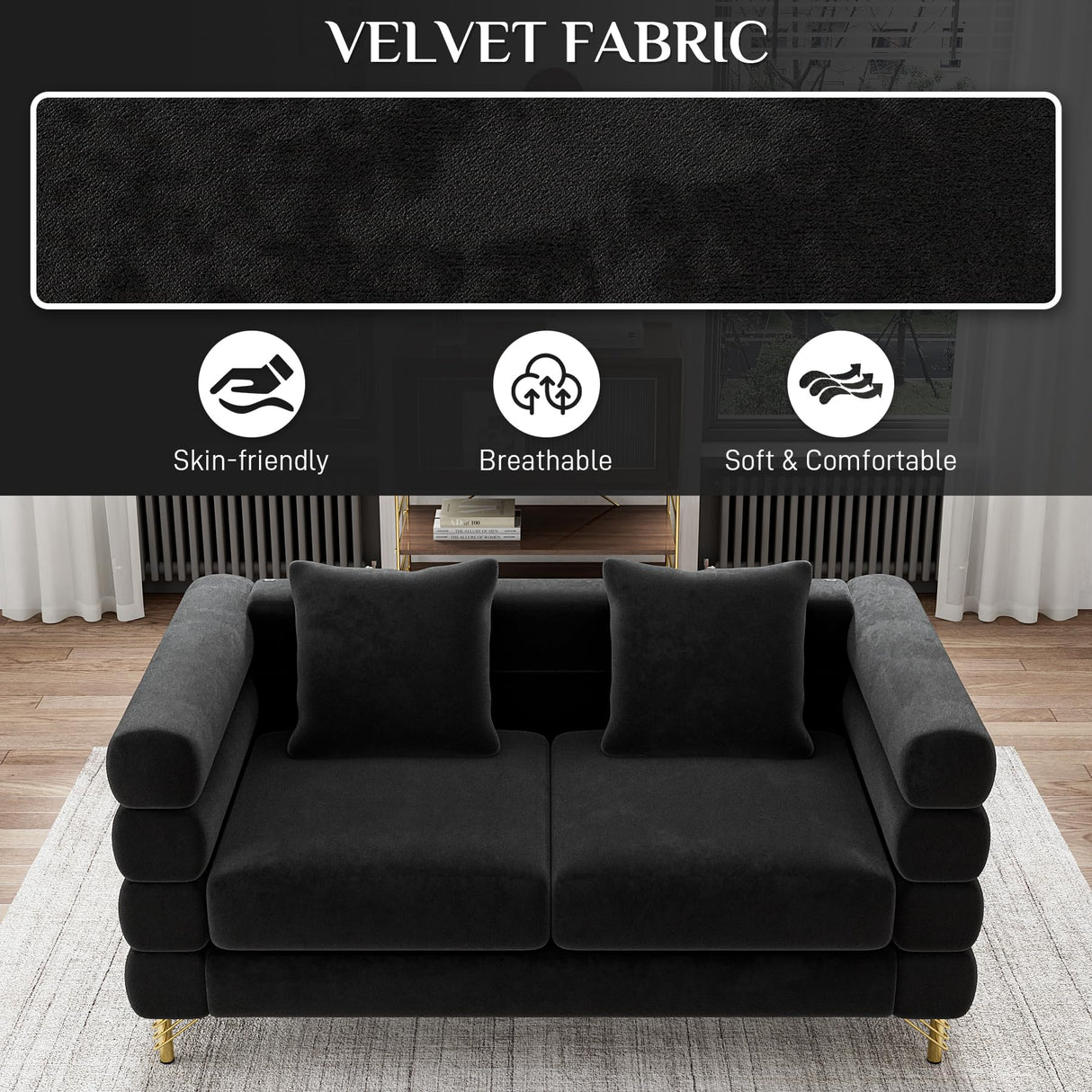 Wrofly Cloud Couch for Living Room, 59" Modern Overstuffed Deep Seat Velvet Loveseat Sofa with 2 Pillows, Comfy Upholstered 2 Seater Love Seat for Bedroom Office, Jet Black Velvet Wrofly