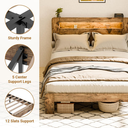 Zevemomo Queen Size Bed Frame with Charging Station, LED Lights & Noise-Free Design in Rustic Brown - WoodArtSupply