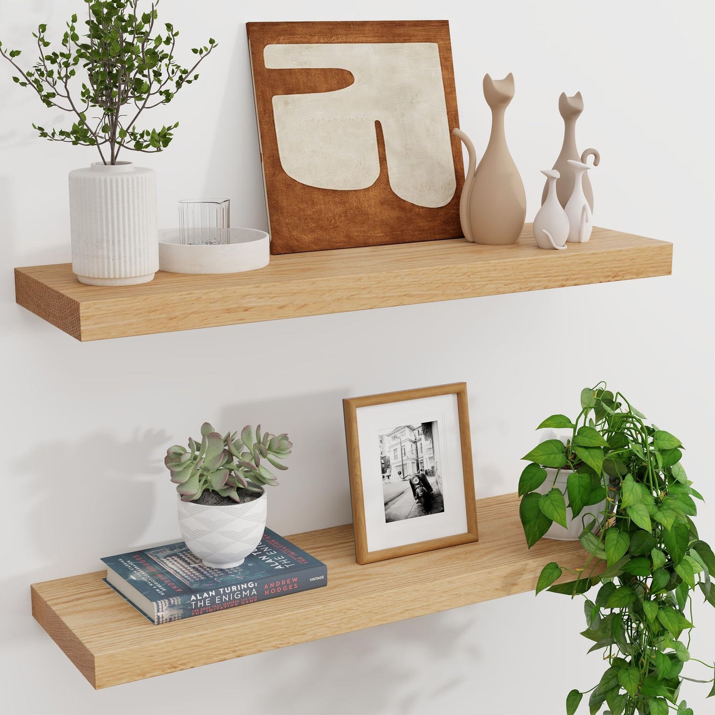 Solid Oak Floating Shelves - Set of 2, 24" Wide x 8" Deep Wall Mounted Rustic Wooden Display Shelf for Bathroom Bedroom Kitchen Garage with Heavy-duty Bracket - Natural Oak Finish - WoodArtSupply