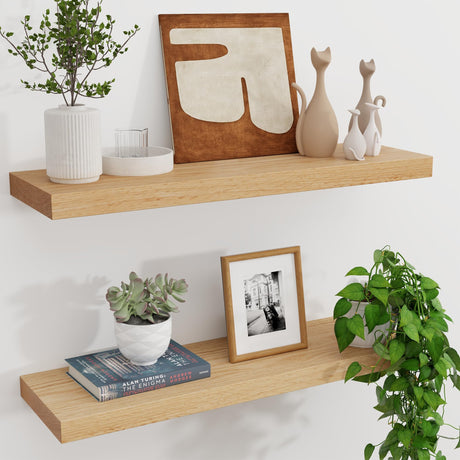 Solid Oak Floating Shelves - Set of 2, 24" Wide x 8" Deep Wall Mounted Rustic Wooden Display Shelf for Bathroom Bedroom Kitchen Garage with Heavy-duty Bracket - Natural Oak Finish FLYJOE
