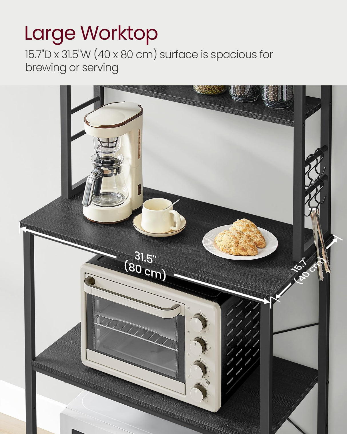 VASAGLE Coffee Bar, 31.5 Inches Baker's Rack for Kitchen with Storage, 6-Tier Kitchen Shelves with 6 Hooks, Microwave Stand, Industrial, Charcoal Gray and Black UKKS019B22 VASAGLE