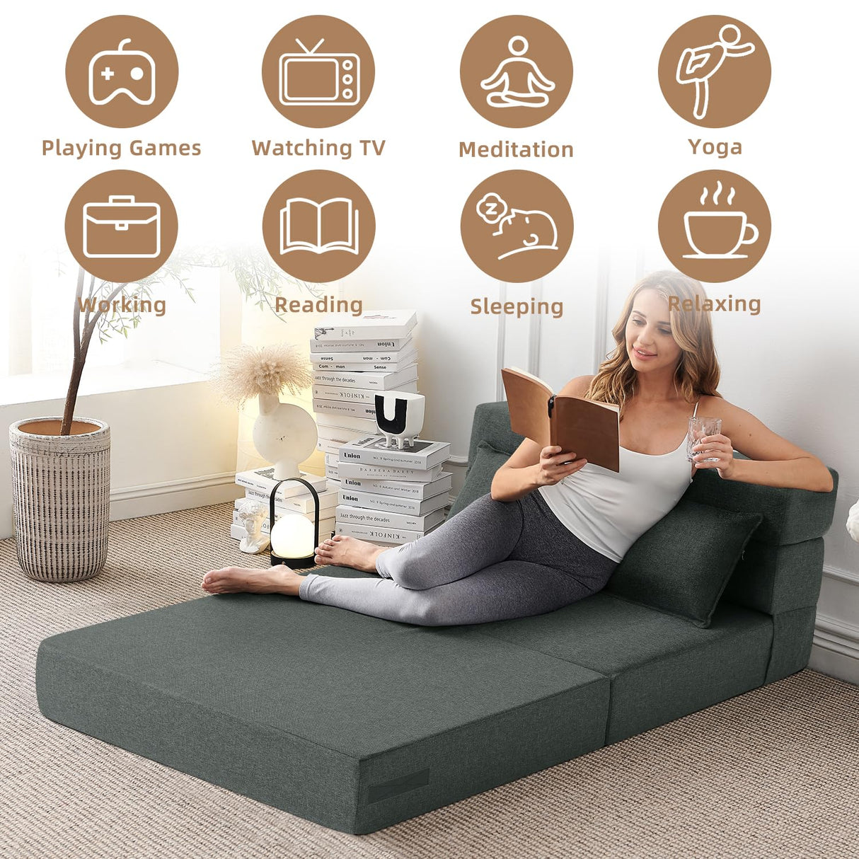 FILUXE Convertible Folding Sofa Bed - Sleeper Chair with Pillow, Modern Linen Fabric Floor & Futon Couch, Foldable Mattress for Living Room/Dorm/Guest/Home Office/Apartment, Standard Size, Dark Gray FILUXE