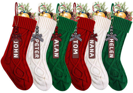XIMISHOP 6PACK Christmas Stockings,18Inches Large Cable Knitted Stocking Personalized Xmas Hanging Stocking Decorations with Name Tags for Holiday Christmas Party Family Decor (Red White Green) XIMISHOP