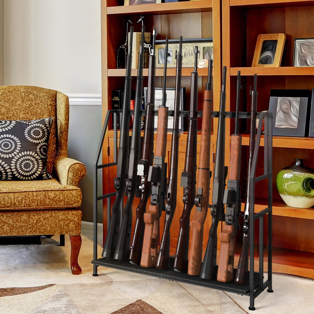 Gun Rack, Floor Standing Shotgun Racks Indoor, Heavy Duty Metal Frame Wooden Rifle Racks with Foot Padding, Vertical Gun Display Stand for Home Garage Gun Storage - Holds up to 10 Long Guns Nandae