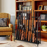 Gun Rack, Floor Standing Shotgun Racks Indoor, Heavy Duty Metal Frame Wooden Rifle Racks with Foot Padding, Vertical Gun Display Stand for Home Garage Gun Storage - Holds up to 10 Long Guns Nandae