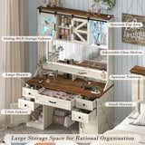 75.2" Farmhouse Vanity Desk with Mirror and Lights, Makeup Vanity Table with 5 Drawers & 2 Sliding RGB Door & Power Outlet, 3 Color Lighting Modes, Big Vanity for Bedroom, Antique White CSZZD