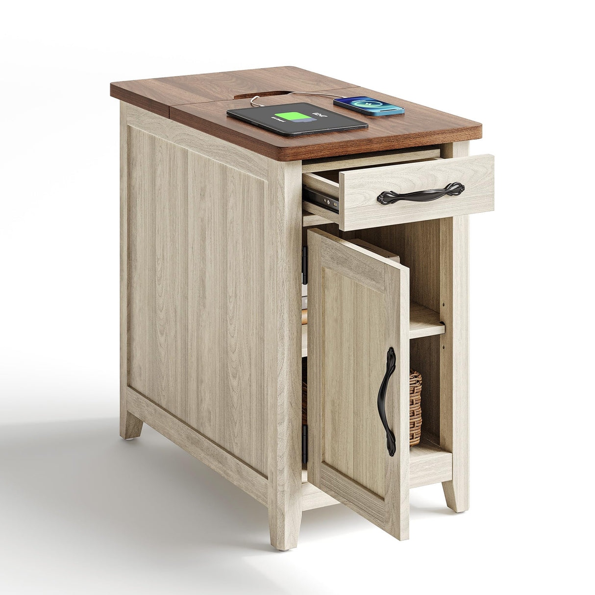 LINSY HOME Farmhouse End Table with Charging Station, Narrow Side Table for Living Room, Sofa Side Table with Drawer and Storage Cabinet, Small Nightstand for Bedroom LINSY HOME