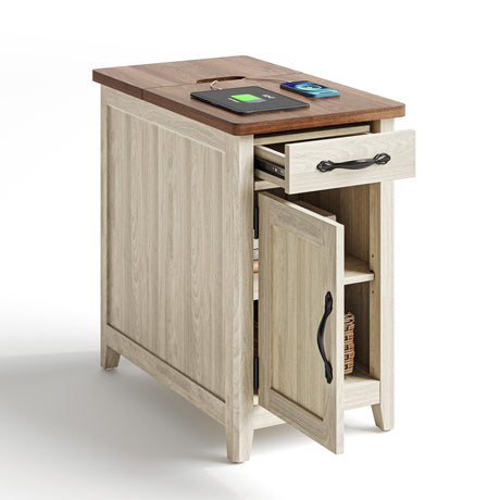 LINSY HOME Farmhouse End Table with Charging Station, Narrow Side Table for Living Room, Sofa Side Table with Drawer and Storage Cabinet, Small Nightstand for Bedroom LINSY HOME