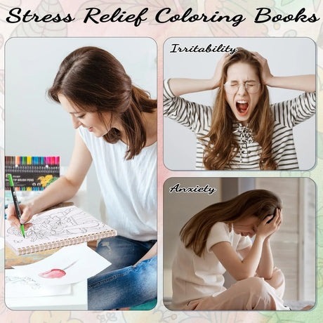 7×8.2in Adult Coloring Book Set for Relaxation, Spiral Bound Coloring Book for Women with 24 Colors Markers, Mindfulness Stress Relief 32 Patterns for Adults, Teens, Gift Prudiut