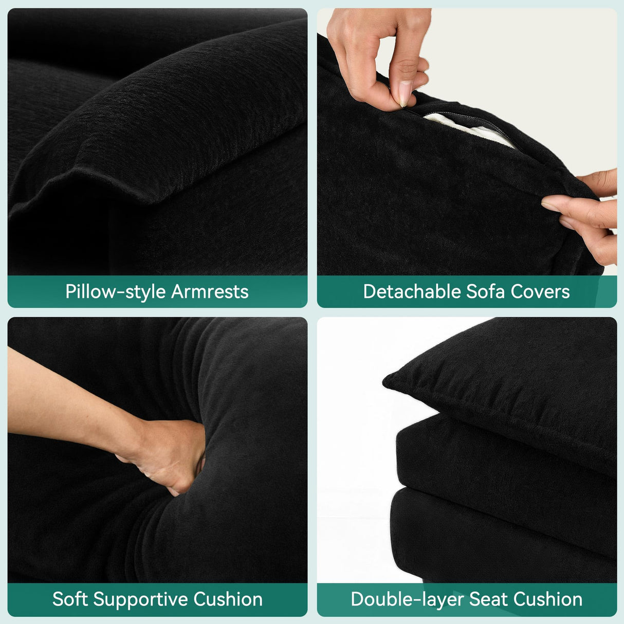 YITAHOME 142" Modular Sectional Sofa with Movable Ottoman, U Shaped Velvet Cloud Couch with Pillow-Armrest, Black YITAHOME