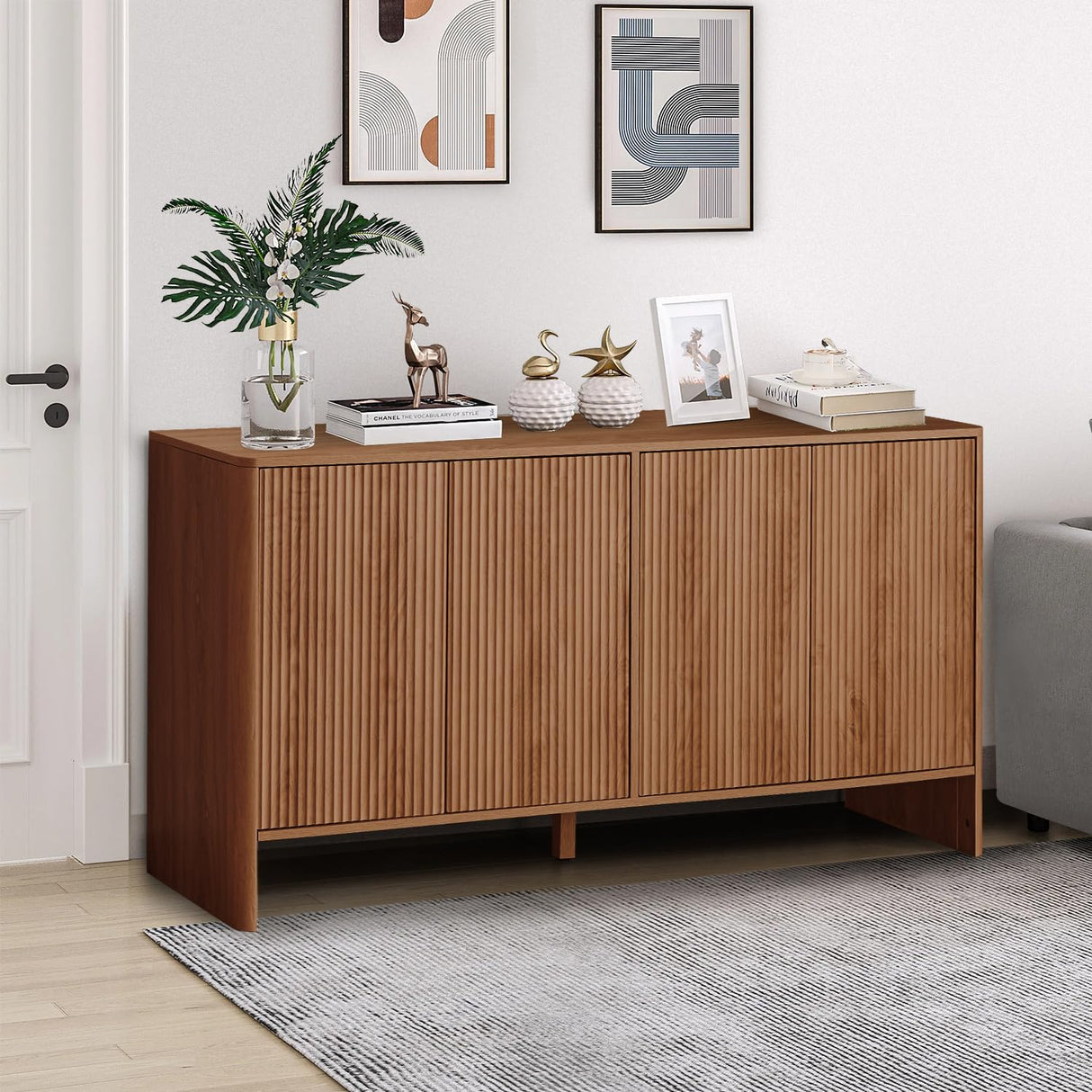 Sideboard Storage Cabinet with Doors and Shelves, Buffet Cabinet with Storage, Credenza Storage Cabinet for Kitchen, Wooden Fluted Cabinet for Bedroom/Entryway, under TV Cabinet with Storage - Walnut affeivul