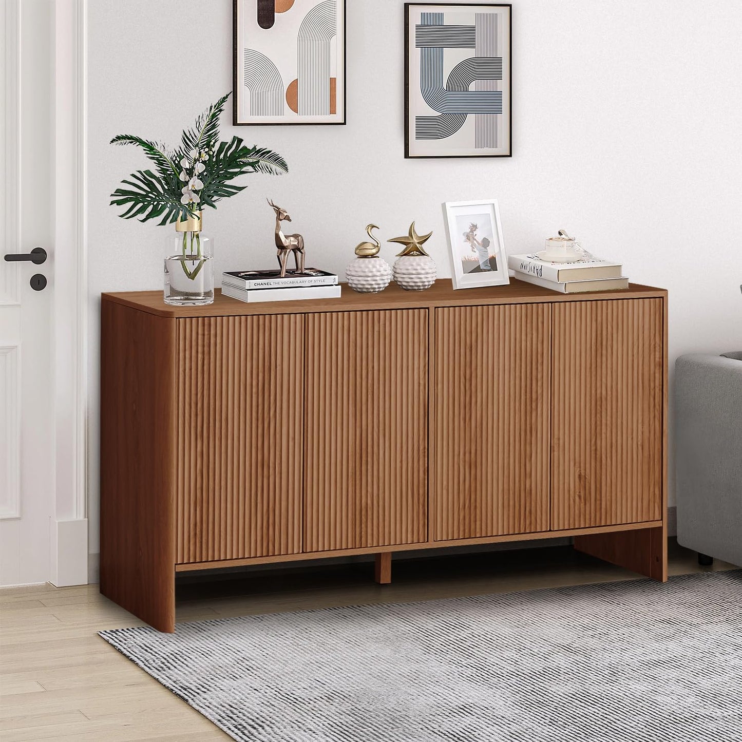 Sideboard Storage Cabinet with Doors and Shelves, Buffet Cabinet with Storage, Credenza Storage Cabinet for Kitchen, Wooden Fluted Cabinet for Bedroom/Entryway, under TV Cabinet with Storage - Walnut