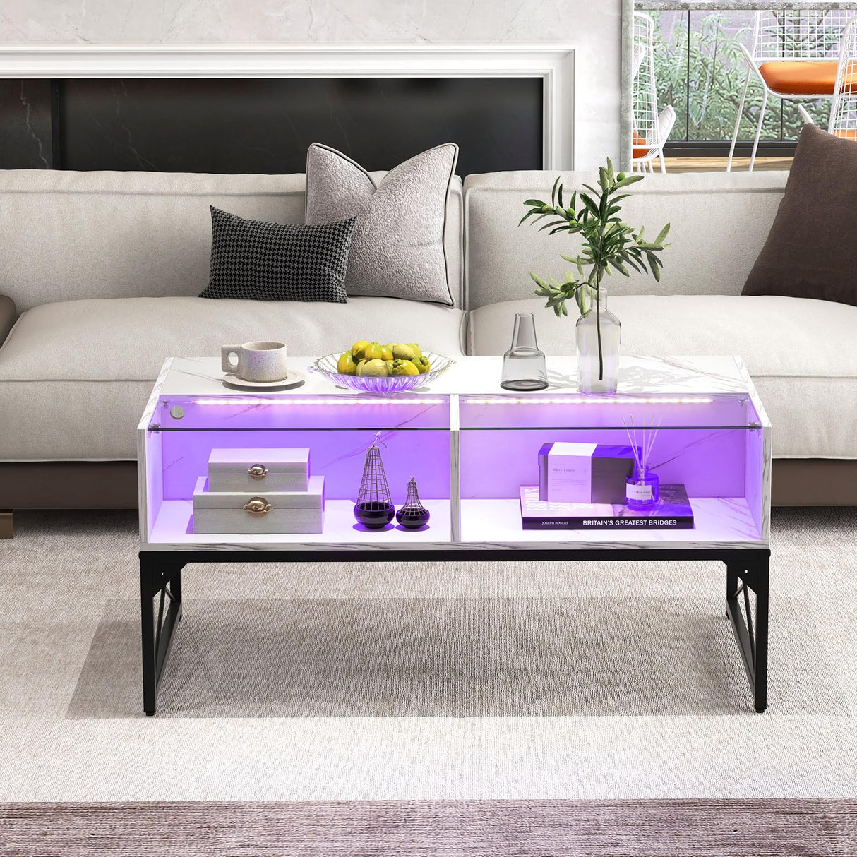 Giantex LED Coffee Table, High Gloss Coffee Tables with 4 Storage Cubes, 20-Color Lights, Remote Control, Faux Marble & Tempered Glass Top, Modern Accent Rectangle Center Table for Living Room (White) Giantex