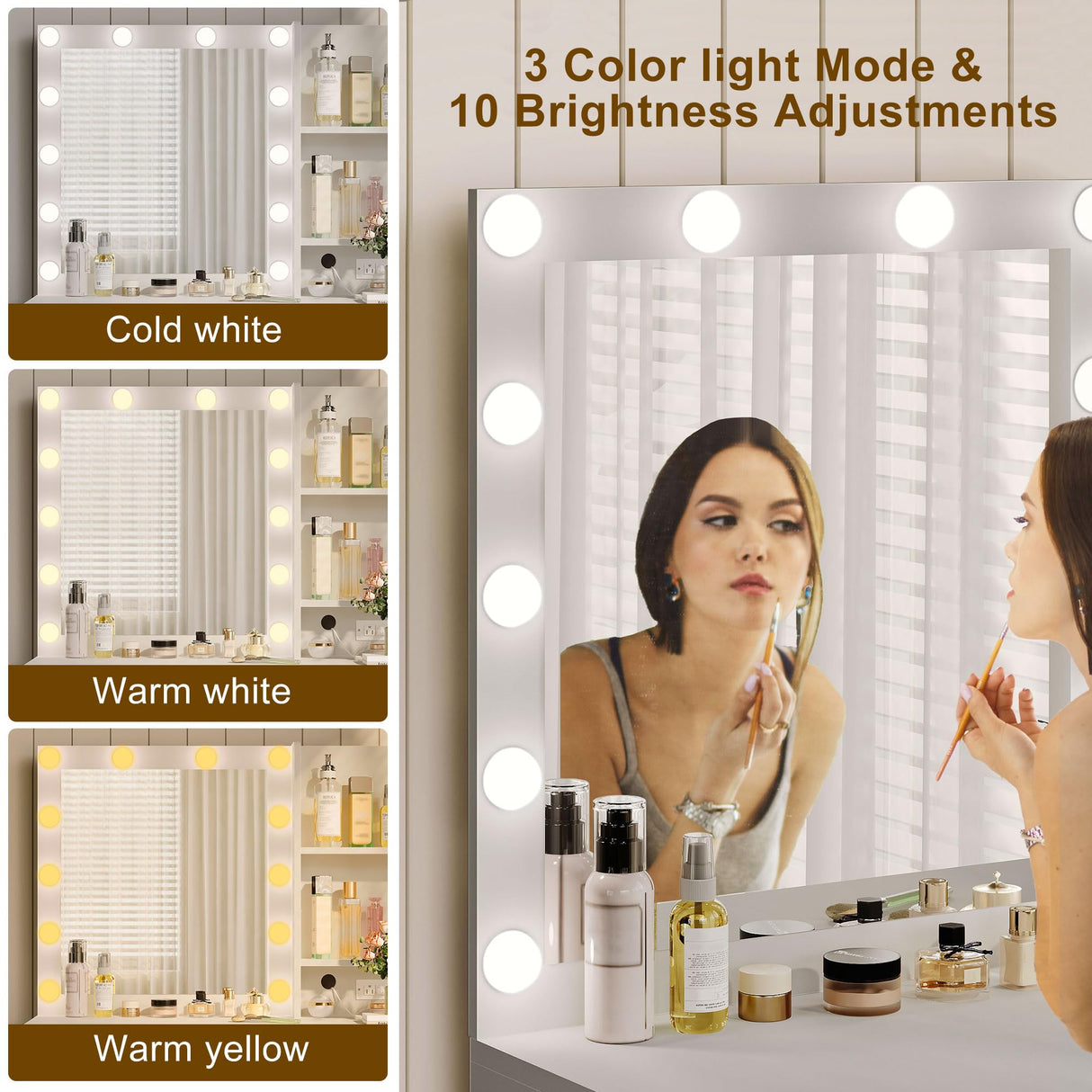 Decofy Vanity Desk with Mirror and 12 LED Lights, Makeup Vanity Table with USB & Power Outlets, 4 Drawers and Hairdryer Holder, Padded Stool with Storage, White Decofy