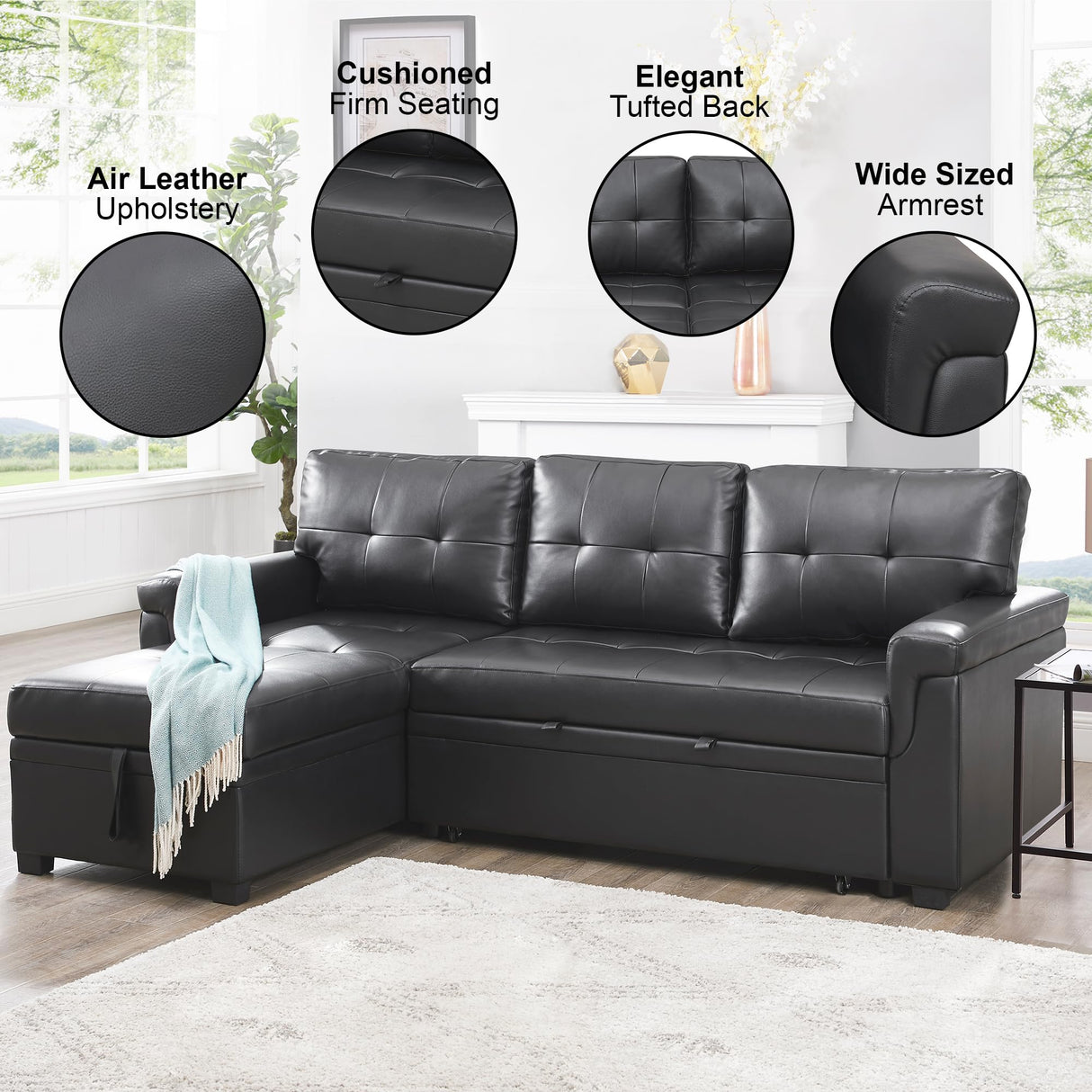 Naomi Home Transform Any Space: Sleeper Sectional Sofa with Convertible Sofa Bed & Inviting Chaise. Find Tranquil Comfort with Stress-Relieving Design & Durable Cushions - Black/Air Leather Naomi Home