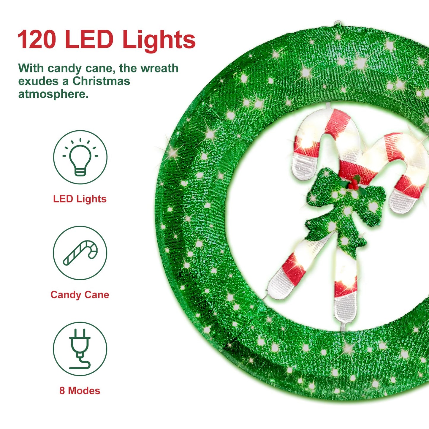 Zcdl Lamp 36 inch Outdoor Christmas Wreath with Lights, 8 Modes Lighted Wreath for Front Door, 120 LED Prelit Metal Wreath with Candy Cane, Lit Wreath for Yard Garden Outdoor Christmas Decor, Plug in