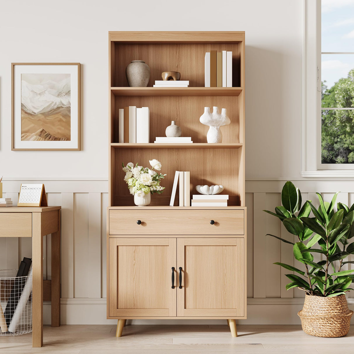 GarveeHome Tall Bookshelf with Storage Cabinet, 72.4" Wood Bookcase with Doors, Drawer & Open Shelves, Freestanding Display Bookshelves for Home Office, Living Room, Bedroom, Kitchen GarveeHome