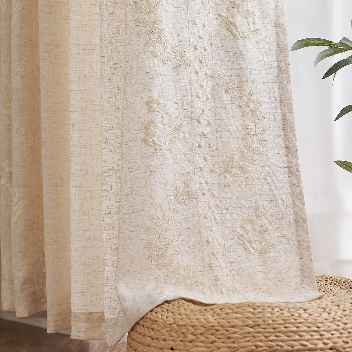 jinchan Belrose Linen Curtains for Bedroom Floral Curtains 84 Inch Length Linen Blend Ivory Embroidered Drapes Farmhouse Flower Patterned Drapes for Living Room Window Treatments Set 2 Panels jinchan