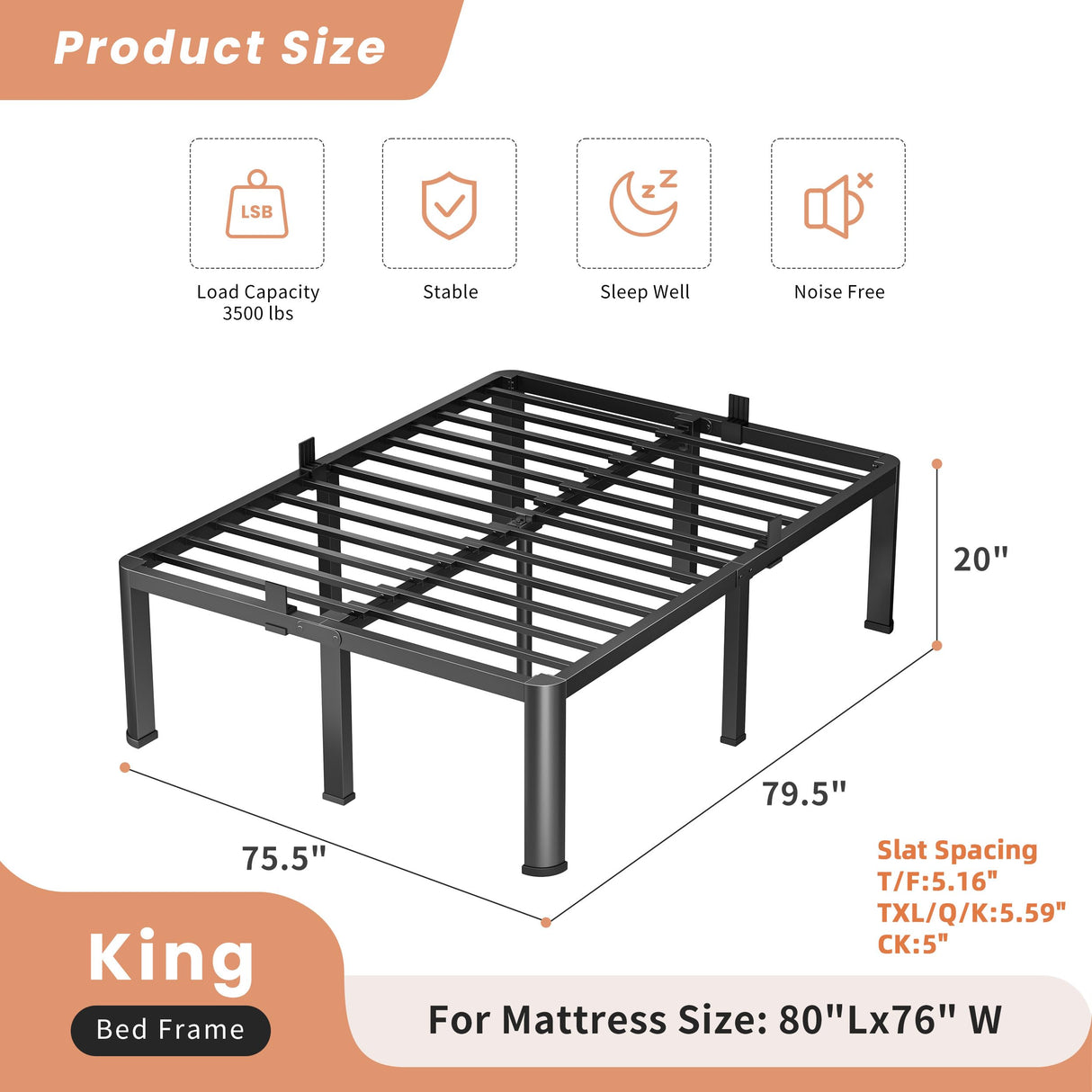 VIPSHOW 20 Inch King Heavy Duty 3500 lbs Bed Frame with Round-Corner Legs & Anti-Squeak Design – Quick Assembly Metal Platform, No Box Spring Needed VIPSHOW