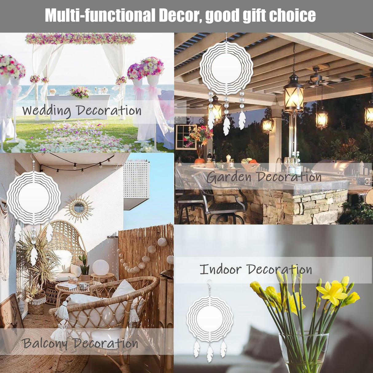 WindMage 4Pack 8inch Sublimation Wind Spinner Blanks 3D Aluminum Metal Wind Sculpture Kinetic Spinners for Yard and Garden Indoor Art Ornaments Hanging Decoration (Feather) WindMage