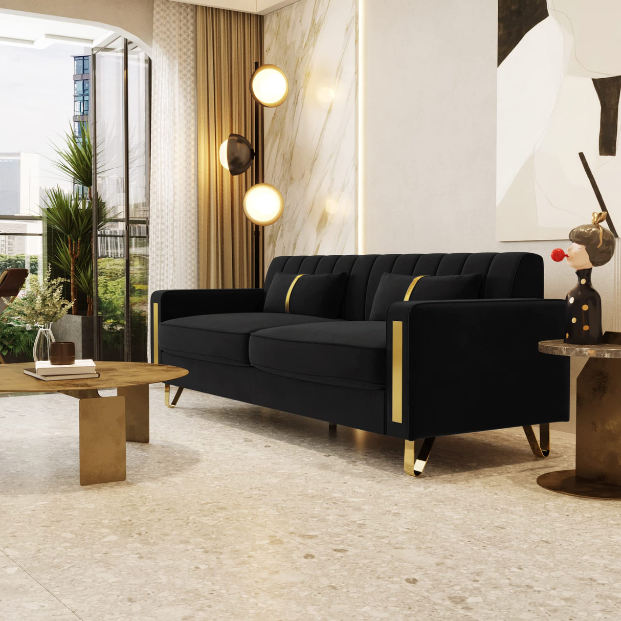 yunqishi 85.63" Modern Black Velvet Sofa with Gold Metal Legs Large Upholstered Comfy 3 Seater Couches for Living Room Bedroom Office (Black) yunqishi